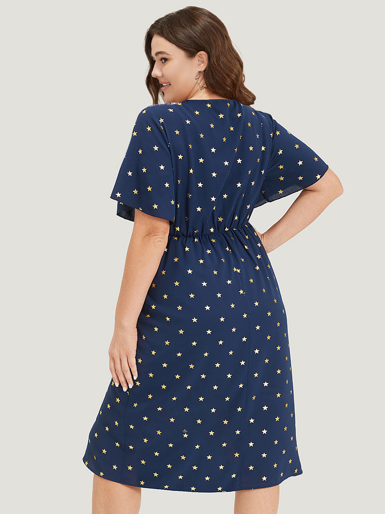 Plus Size Women Going out Star and moon Wrap Ruffle Sleeve Sleeveless Overlap Collar Pocket Party Dresses BloomChic 