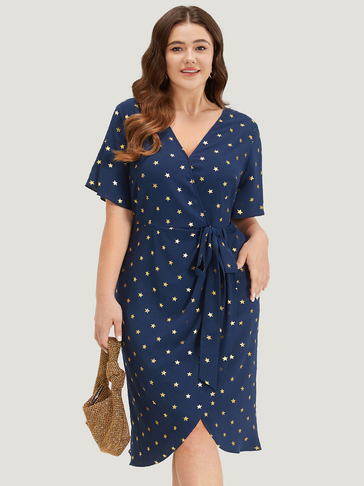 Plus Size Women Going out Star and moon Wrap Ruffle Sleeve Sleeveless Overlap Collar Pocket Party Dresses BloomChic 