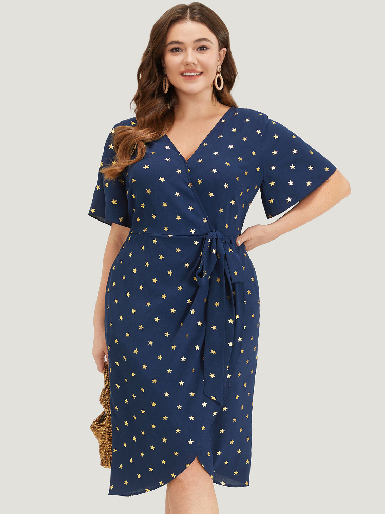 Plus Size Women Going out Star and moon Wrap Ruffle Sleeve Sleeveless Overlap Collar Pocket Party Dresses BloomChic 
