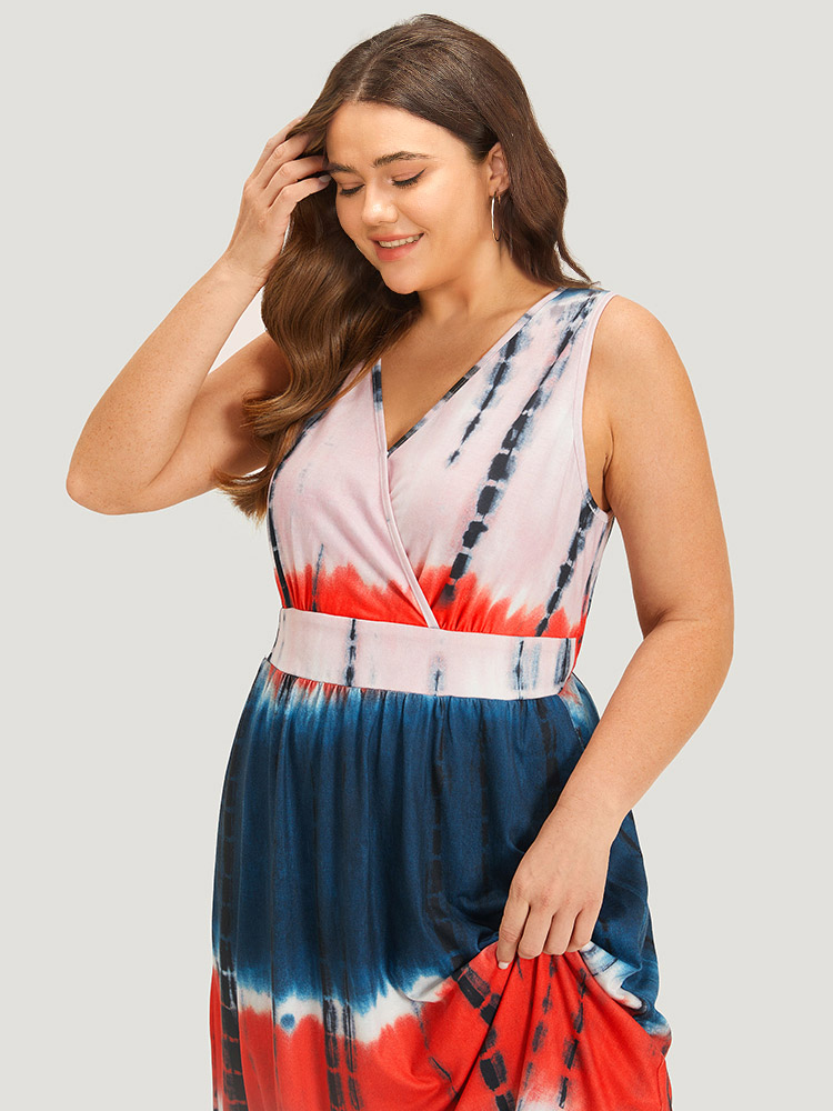 Plus Size Women Dailywear Tie Dye Arc Hem Sleeveless Sleeveless V-neck Pocket Casual Dresses BloomChic 