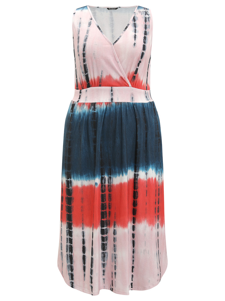 Plus Size Women Dailywear Tie Dye Arc Hem Sleeveless Sleeveless V-neck Pocket Casual Dresses BloomChic 