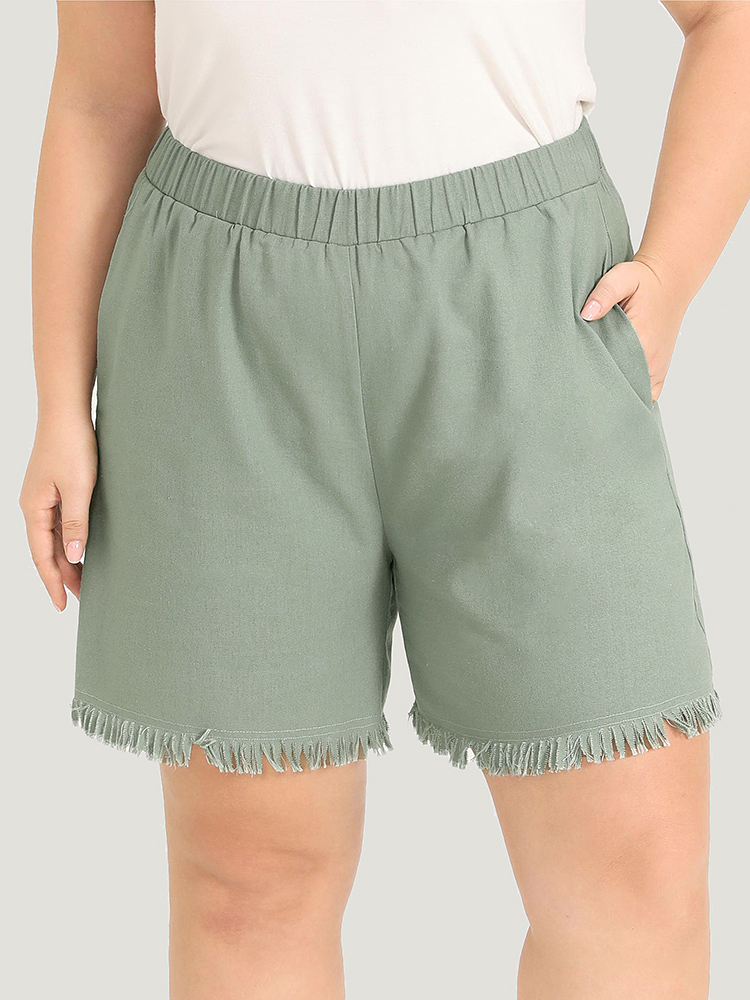 

Plus Size Solid Pocket Raw Edges Elastic Waist Shorts Women Mint Casual Plain Dailywear Shorts BloomChic