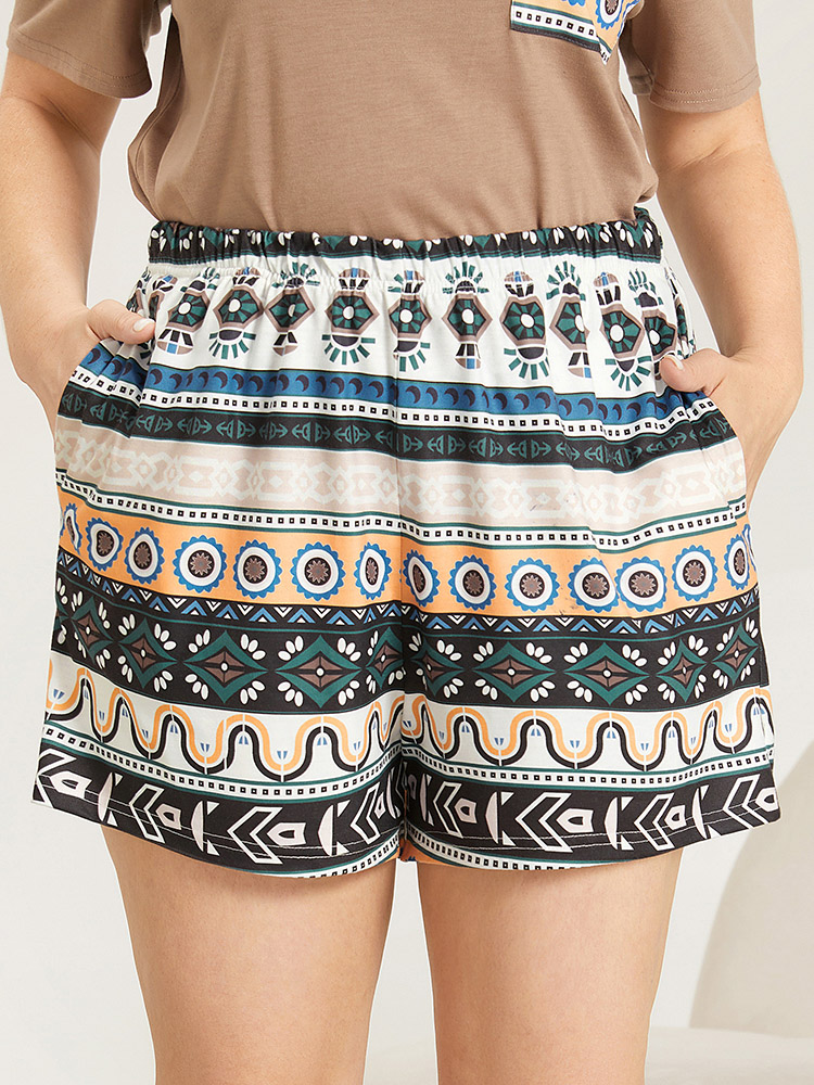 Plus Size Bandana Print Pocket Elastic Waist Sleep Shorts Multicolor Pocket Casual Dailywear Bohemian Print Sleep Bottoms 10/M Bloomchic