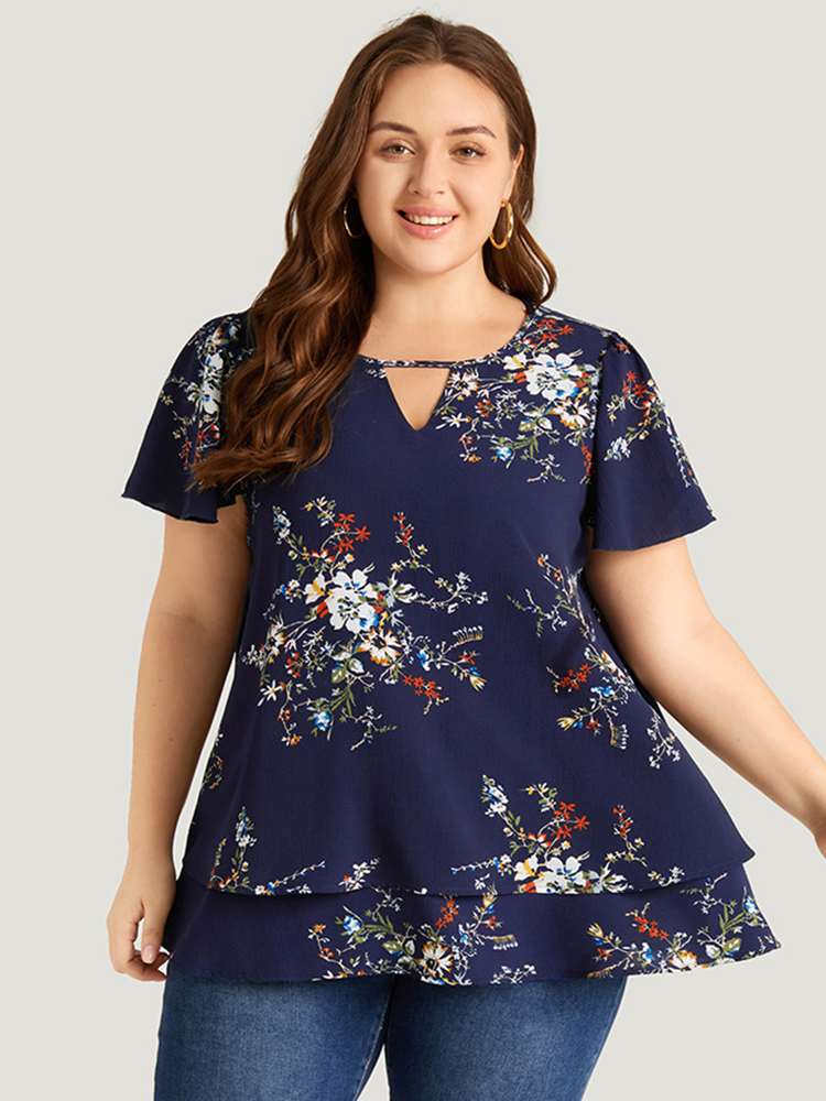 

Plus Size Indigo Floral Print Keyhole Flutter Sleeve Blouse Women Elegant Short sleeve Keyhole Cut-Out Dailywear Blouses BloomChic