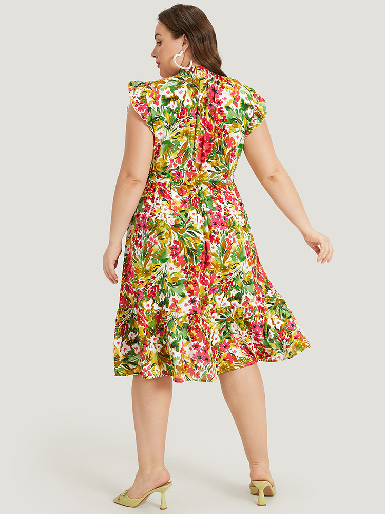 Plus Size Pixel Flower Ruffle Trim Pocket Belt Mock Neck Knee Dress Apricot Women Elegant Gathered Mock Neck Cap Sleeve Curvy Midi Dress BloomChic 26/4X 