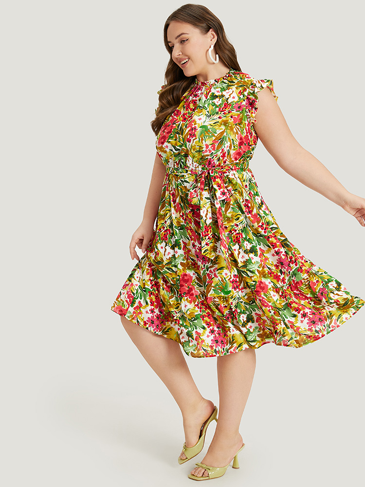 Plus Size Pixel Flower Ruffle Trim Pocket Belt Mock Neck Knee Dress Apricot Women Elegant Gathered Mock Neck Cap Sleeve Curvy Midi Dress BloomChic 26/4X 