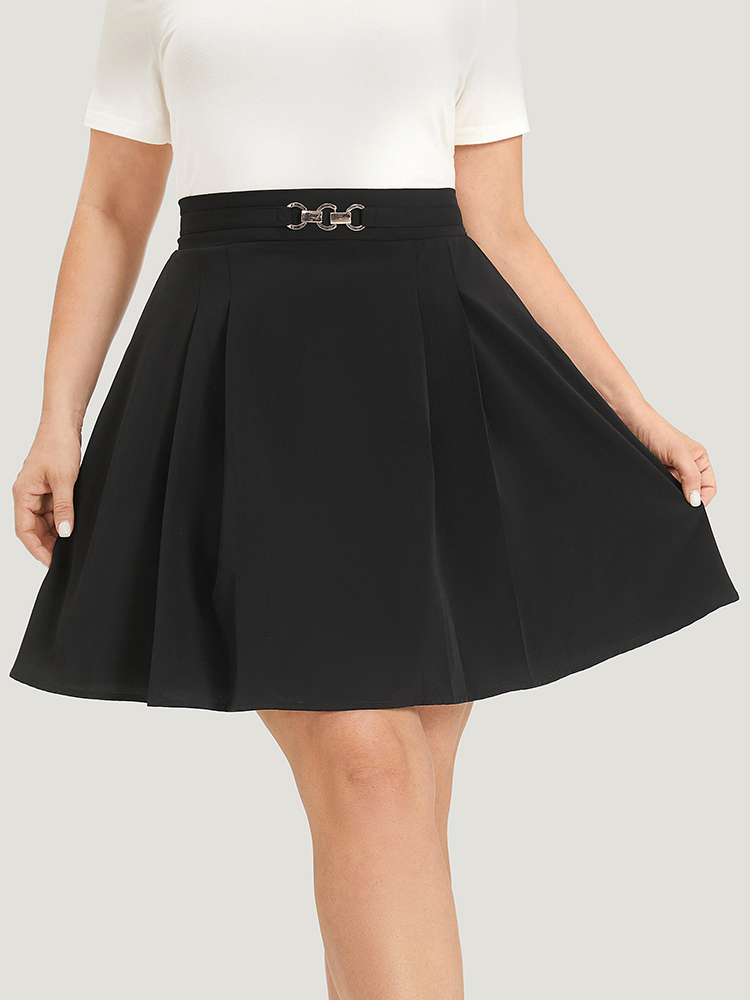 Plus Size Solid Metal Detail Pocket Plicated Detail Skirt Women Black Office Plain No stretch Pocket Work Skirts BloomChic 18-20/2X 