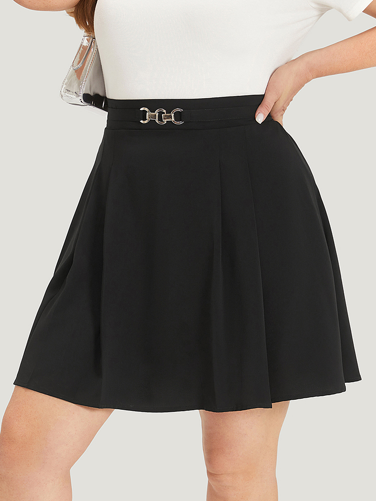 Plus Size Solid Metal Detail Pocket Plicated Detail Skirt Women Black Office Plain No stretch Pocket Work Skirts BloomChic 18-20/2X 