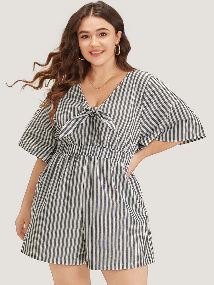 

Plus Size Gray Striped Print Pocket Knot Flutter Sleeve Jumpsuit Women Elegant Half Sleeve V-neck Dailywear Loose Jumpsuits BloomChic