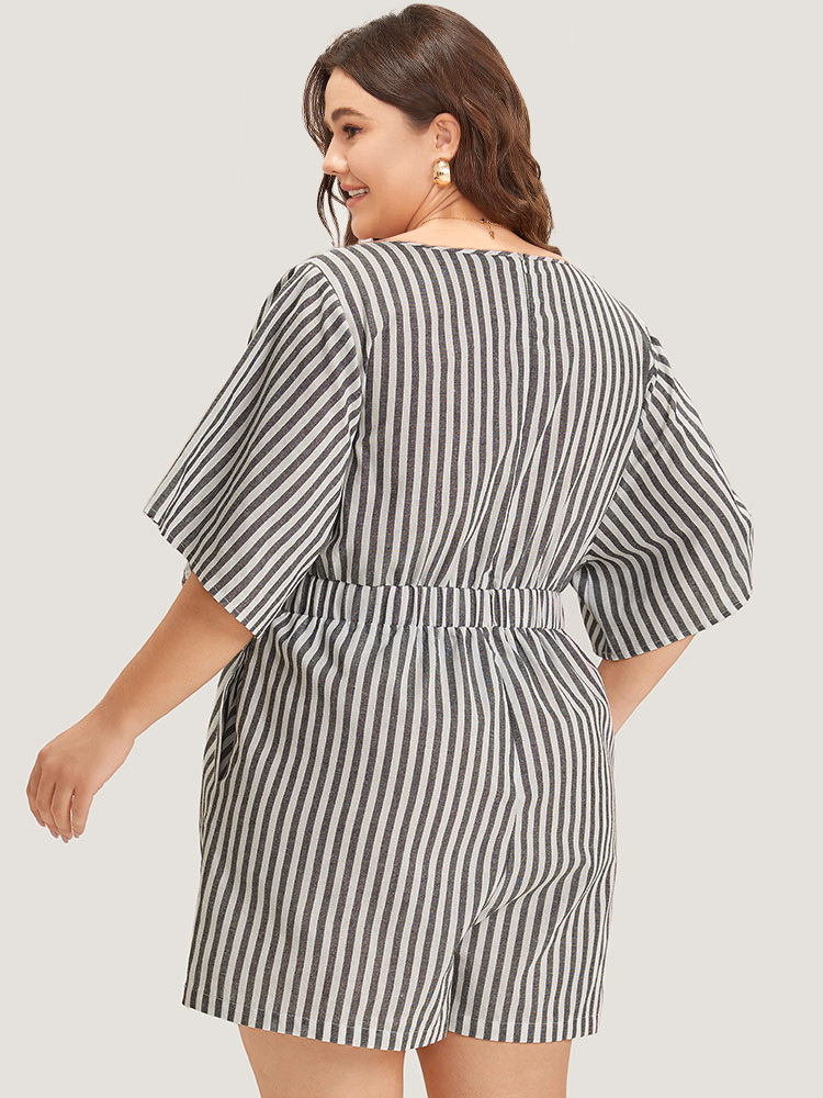 

Plus Size Gray Striped Print Pocket Knot Flutter Sleeve Jumpsuit Women Elegant Half Sleeve V-neck Dailywear Loose Jumpsuits BloomChic