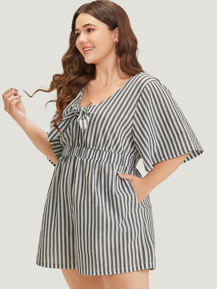 Plus Size Gray Striped Print Pocket Knot Flutter Sleeve Jumpsuit Women Elegant Half Sleeve V-neck Dailywear Loose Jumpsuits BloomChic 22-24/3X 