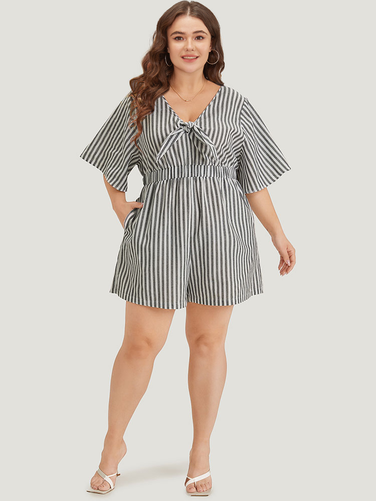 Plus Size Gray Striped Print Pocket Knot Flutter Sleeve Jumpsuit Women Elegant Half Sleeve V-neck Dailywear Loose Jumpsuits BloomChic 22-24/3X 