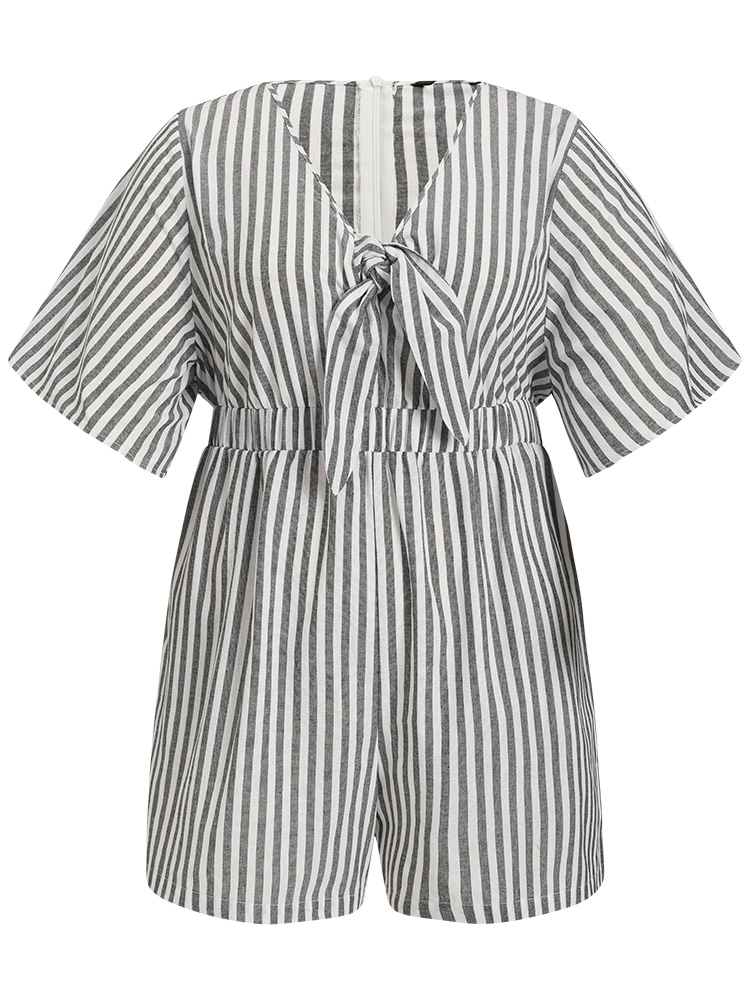Plus Size Gray Striped Print Pocket Knot Flutter Sleeve Jumpsuit Women Elegant Half Sleeve V-neck Dailywear Loose Jumpsuits BloomChic 22-24/3X 