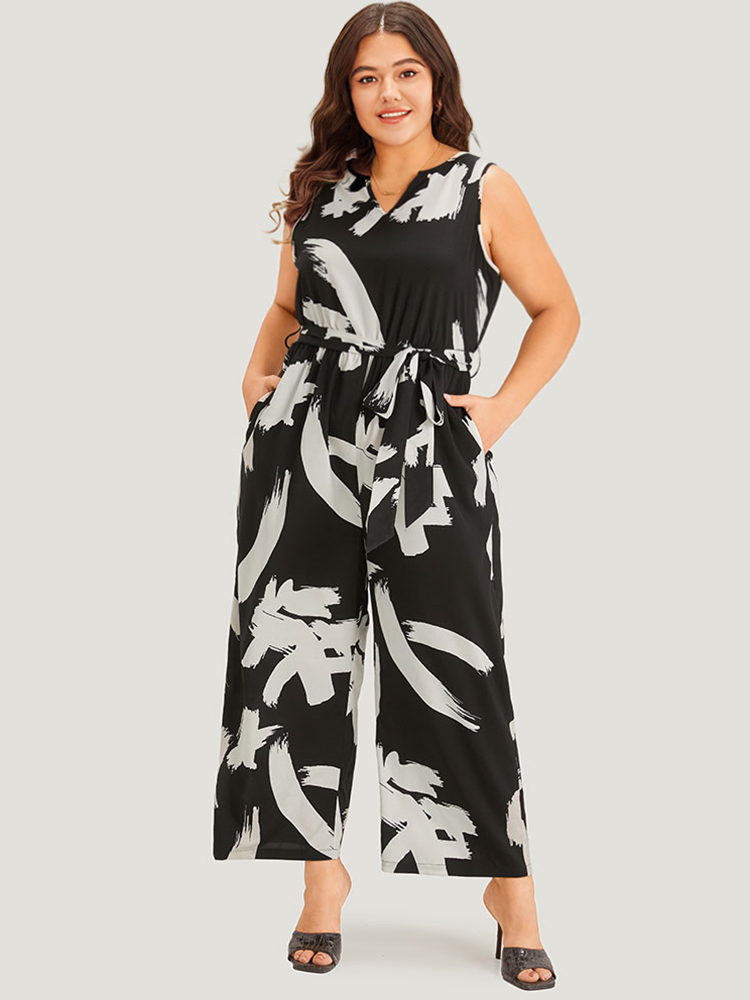 

Plus Size BlackFlower Brush Print Notched Pocket Sleeveless Belted Jumpsuit Women Elegant Sleeveless Notched collar Dailywear Loose Jumpsuits BloomChic