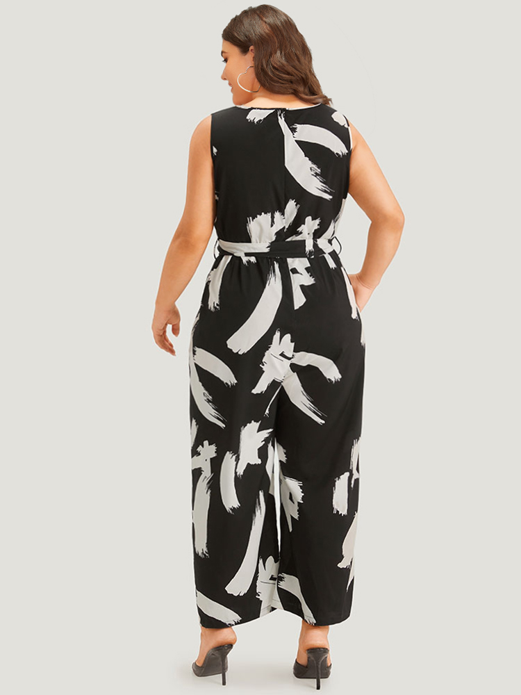 Plus Size BlackFlower Brush Print Notched Pocket Sleeveless Belted Jumpsuit Women Elegant Sleeveless Notched collar Dailywear Loose Jumpsuits BloomChic 22-24/3X 
