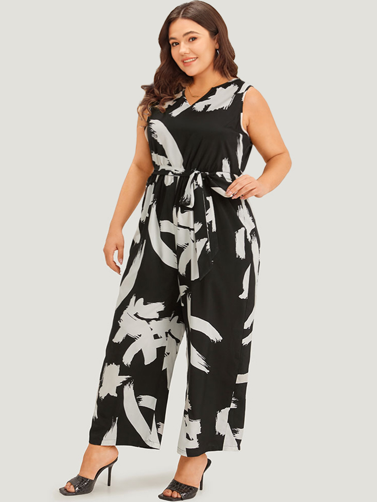 Plus Size BlackFlower Brush Print Notched Pocket Sleeveless Belted Jumpsuit Women Elegant Sleeveless Notched collar Dailywear Loose Jumpsuits BloomChic 22-24/3X 