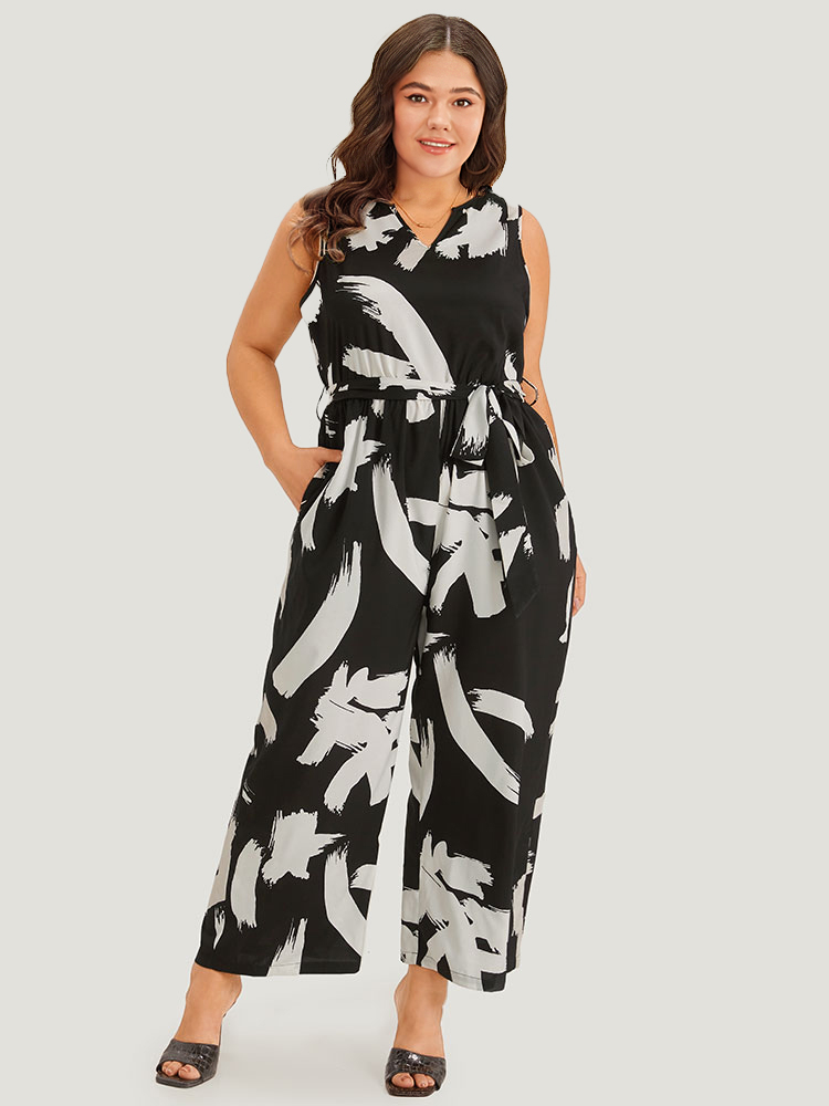 Plus Size BlackFlower Brush Print Notched Pocket Sleeveless Belted Jumpsuit Women Elegant Sleeveless Notched collar Dailywear Loose Jumpsuits BloomChic 22-24/3X 