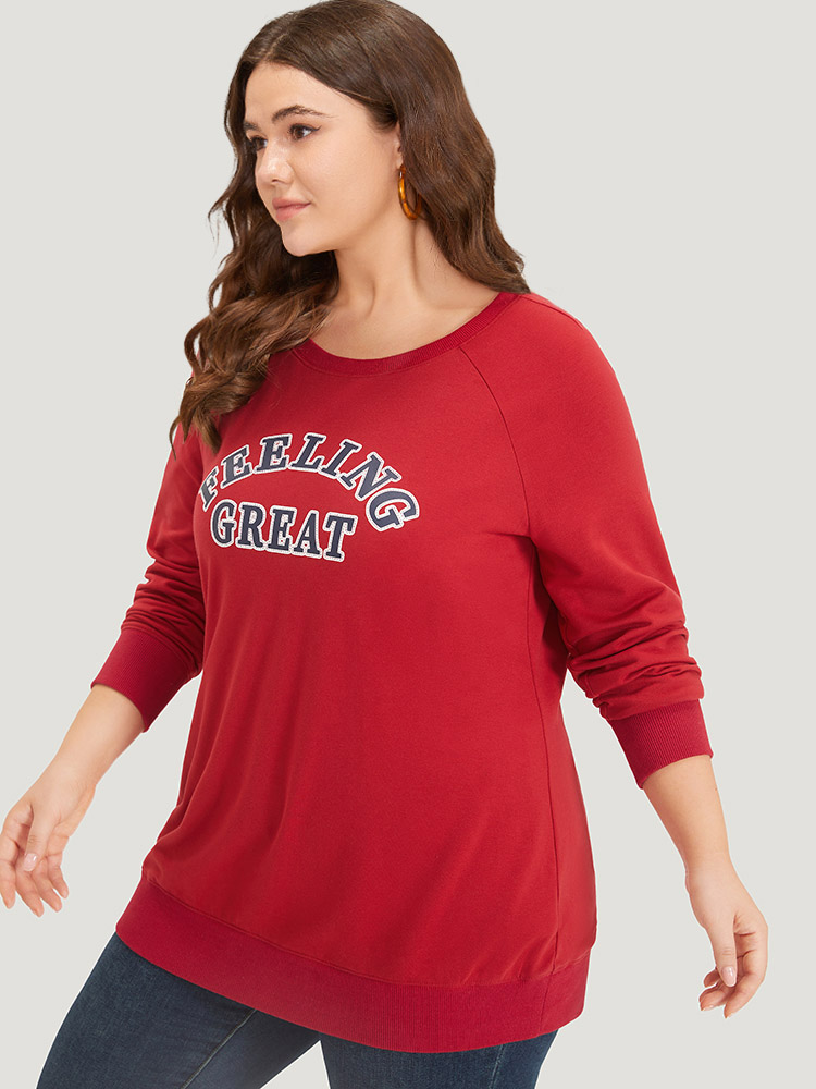 

Plus Size Letter Print Round Neck Raglan Sleeve Sweatshirt Women Red Casual Elastic cuffs Everyday Sweatshirts BloomChic