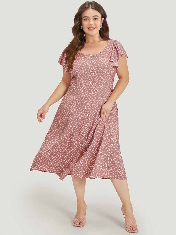 

Plus Size Ditsy Floral Square Neck Ruffle Cap Sleeve Split Hem Dress Pink Women Elegant Button Square Neck Short sleeve Curvy Midi Dress BloomChic