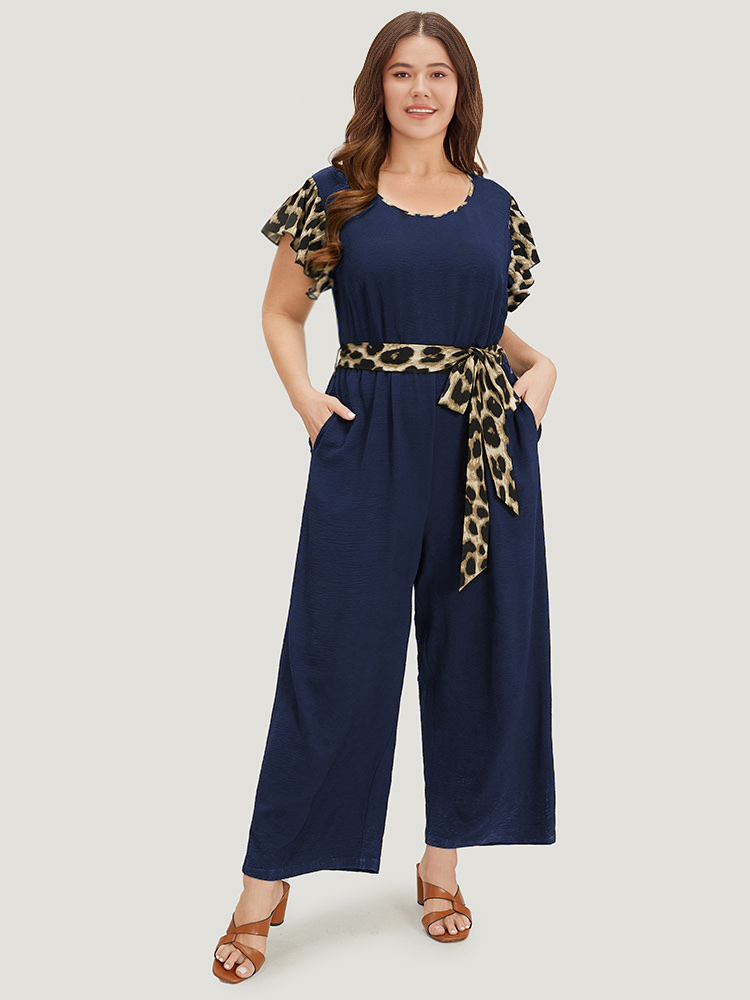 

Plus Size DarkBlue Leopard Patchwork Pocket Belted Ruffle Sleeve Jumpsuit Women Office Sleeveless Round Neck Work Loose Jumpsuits BloomChic