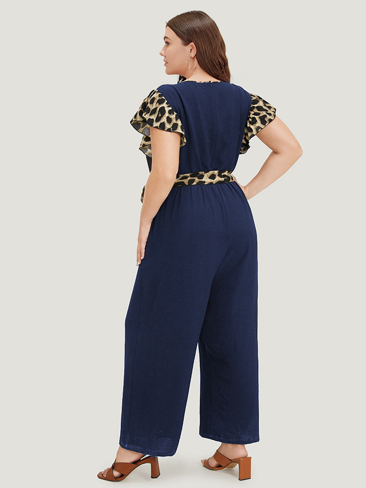 Plus Size DarkBlue Leopard Patchwork Pocket Belted Ruffle Sleeve Jumpsuit Women Office Sleeveless Round Neck Work Loose Jumpsuits BloomChic 18-20/2X 