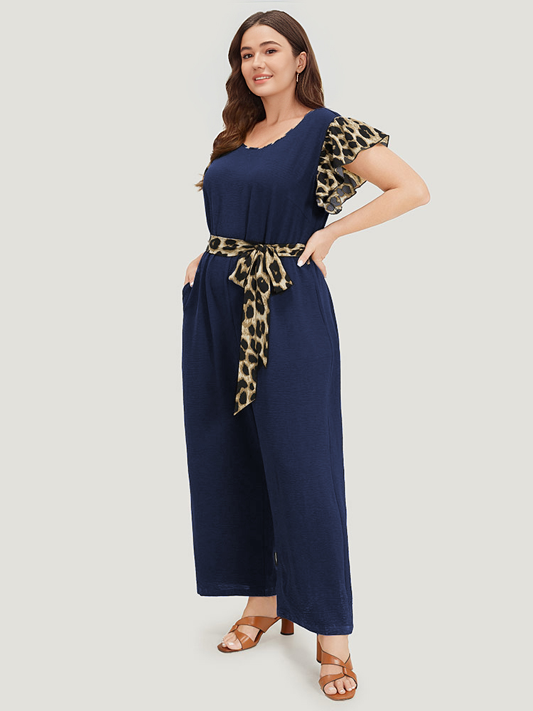 Plus Size DarkBlue Leopard Patchwork Pocket Belted Ruffle Sleeve Jumpsuit Women Office Sleeveless Round Neck Work Loose Jumpsuits BloomChic 18-20/2X 
