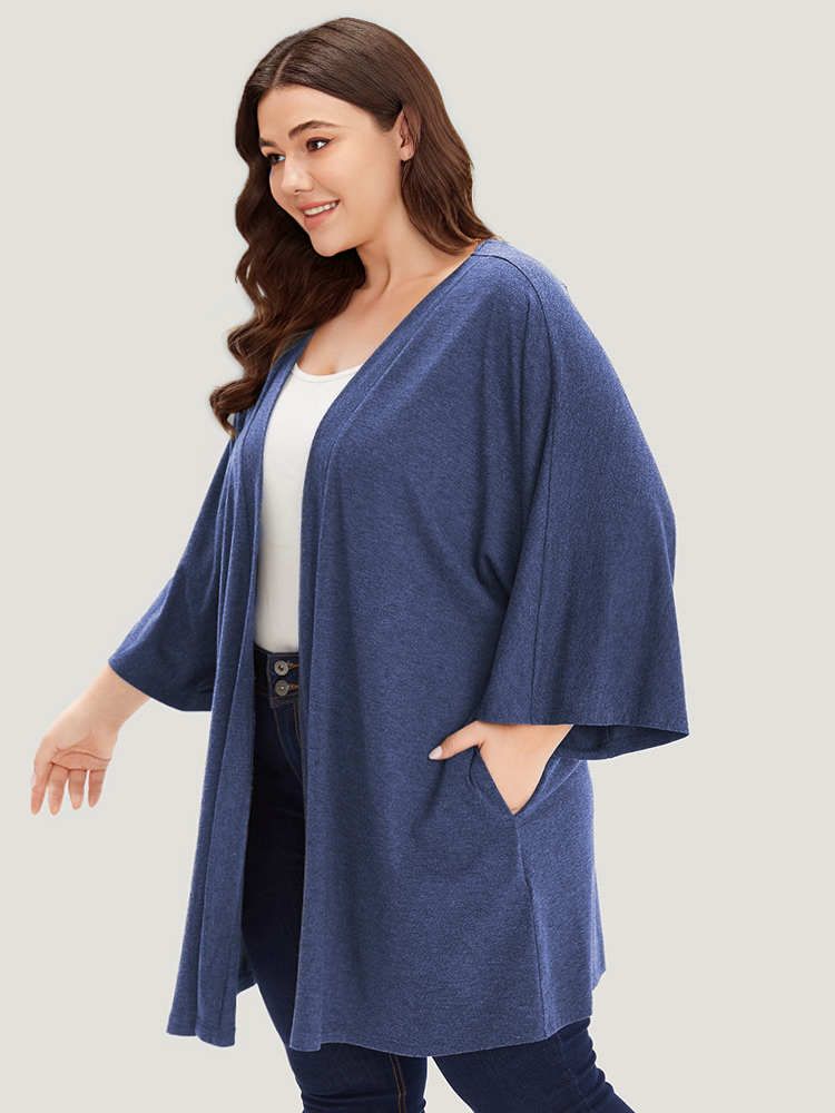 

Plus Size Supersoft Essentials Plain Open Front Pocket Batwing Sleeve Kimono Women Indigo Casual Plain Loose Pocket Dailywear Kimonos BloomChic