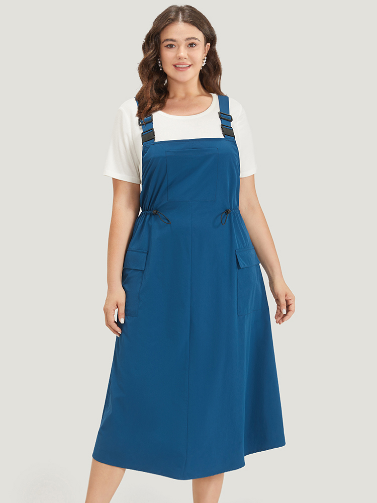 

Plus Size Solid Drawstring Flap Pocket Overall Cami Dress Aegean Women Casual Adjustable Straps Spaghetti Strap Sleeveless Curvy Midi Dress BloomChic