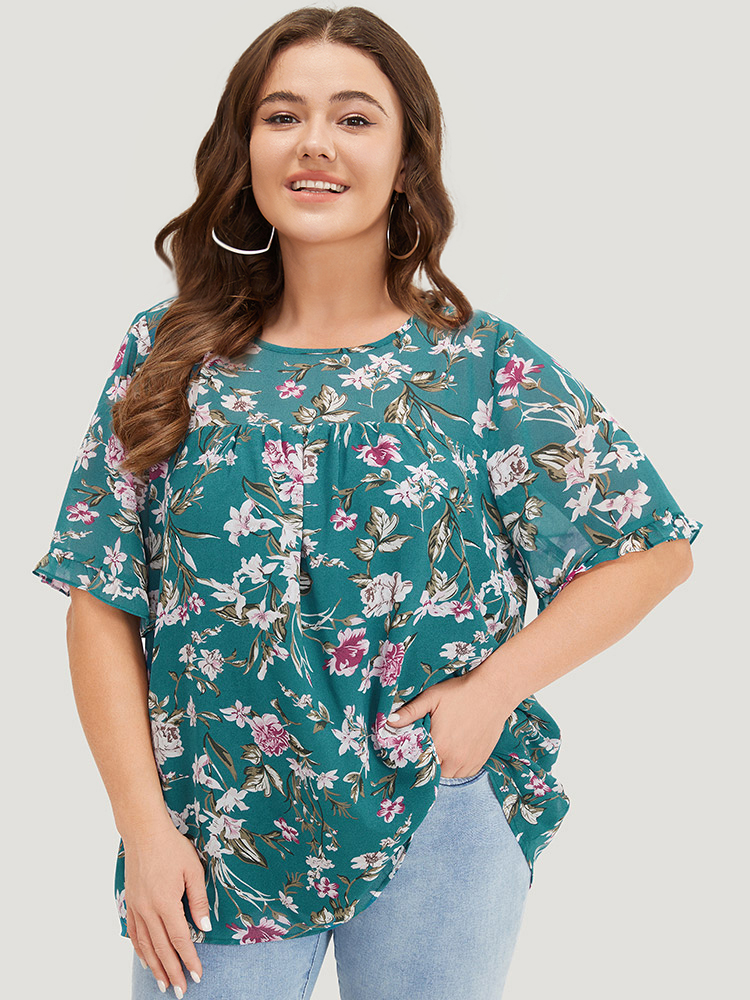 Plus Size Emerald Floral Gathered Mesh Ruffle Sleeve Blouse Women Elegant Short sleeve Round Neck Dailywear Blouses BloomChic 18-20/2X 