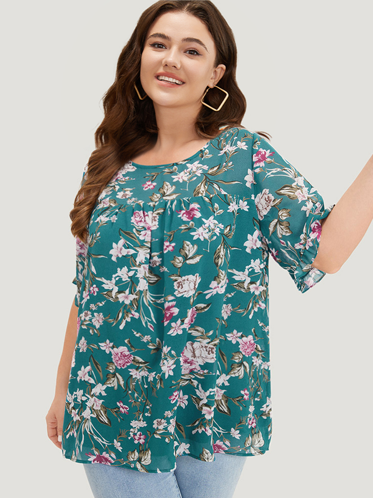 Plus Size Emerald Floral Gathered Mesh Ruffle Sleeve Blouse Women Elegant Short sleeve Round Neck Dailywear Blouses BloomChic 18-20/2X 