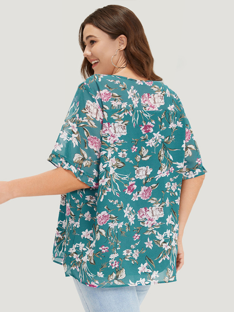 Plus Size Emerald Floral Gathered Mesh Ruffle Sleeve Blouse Women Elegant Short sleeve Round Neck Dailywear Blouses BloomChic 18-20/2X 