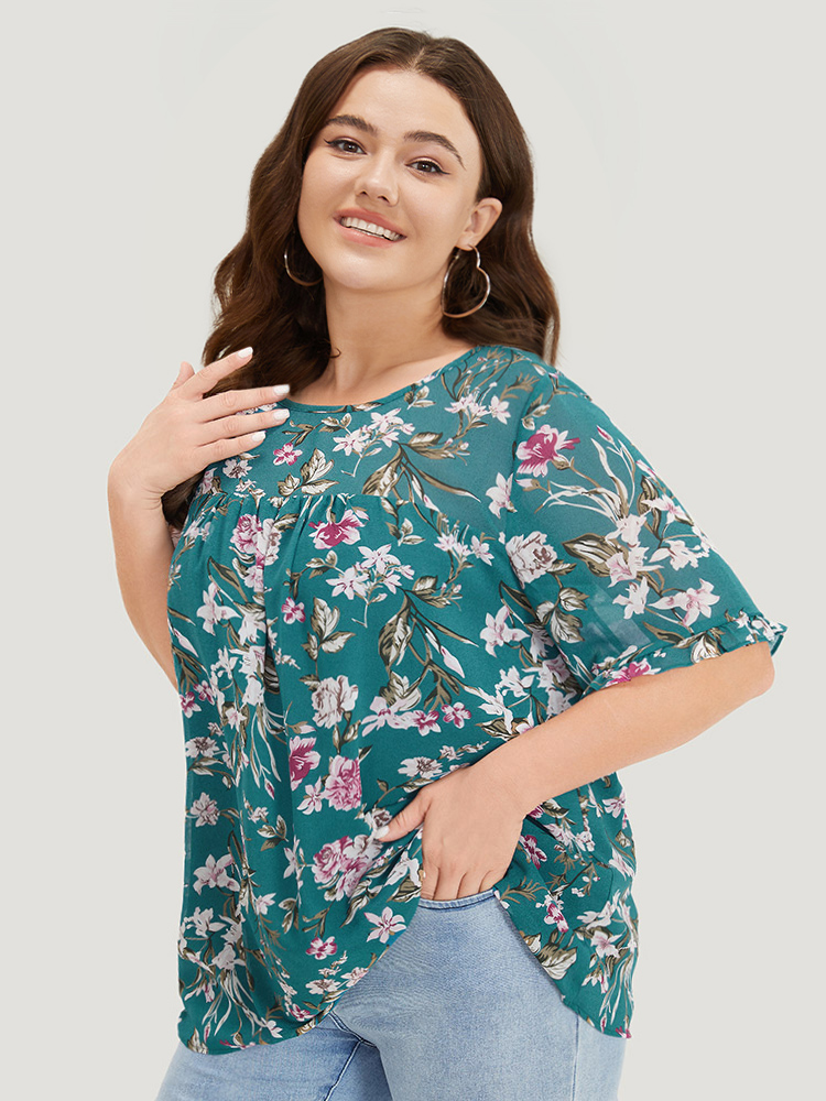Plus Size Emerald Floral Gathered Mesh Ruffle Sleeve Blouse Women Elegant Short sleeve Round Neck Dailywear Blouses BloomChic 18-20/2X 