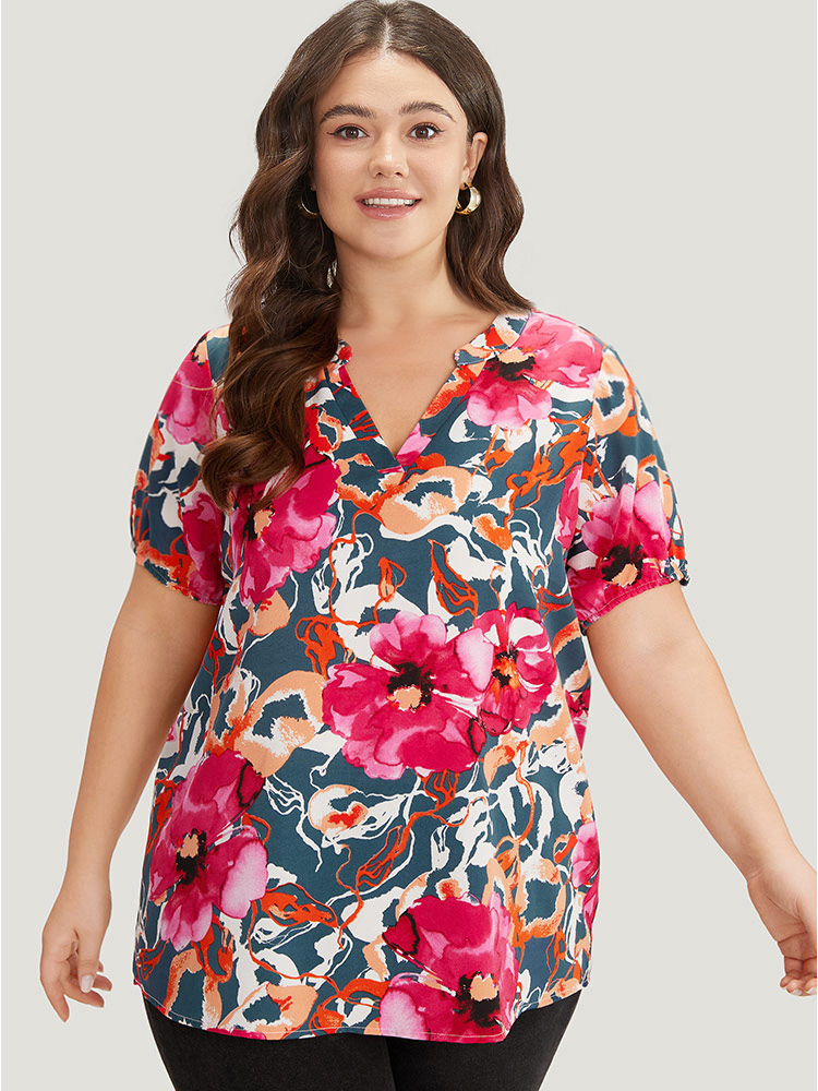 

Plus Size Cyan Floral Print Notched Lantern Sleeve Blouse Women Glamour Short sleeve Notched collar Going out Blouses BloomChic