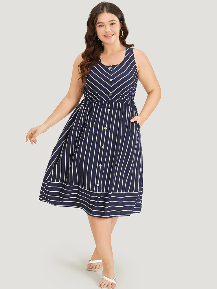 

Plus Size Striped Button Detail Elastic Waist Pocket Tank Dress DarkBlue Women Elegant Elastic Waist Scoop Neck Sleeveless Curvy Midi Dress BloomChic