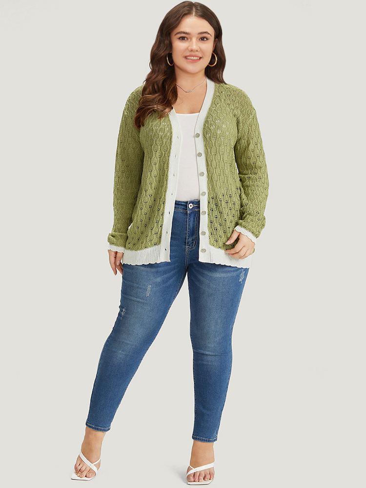 

Plus Size Two Tone Patchwork Cut Out Button Down Cardigan Olive Women Casual Loose Long Sleeve Work Cardigans BloomChic