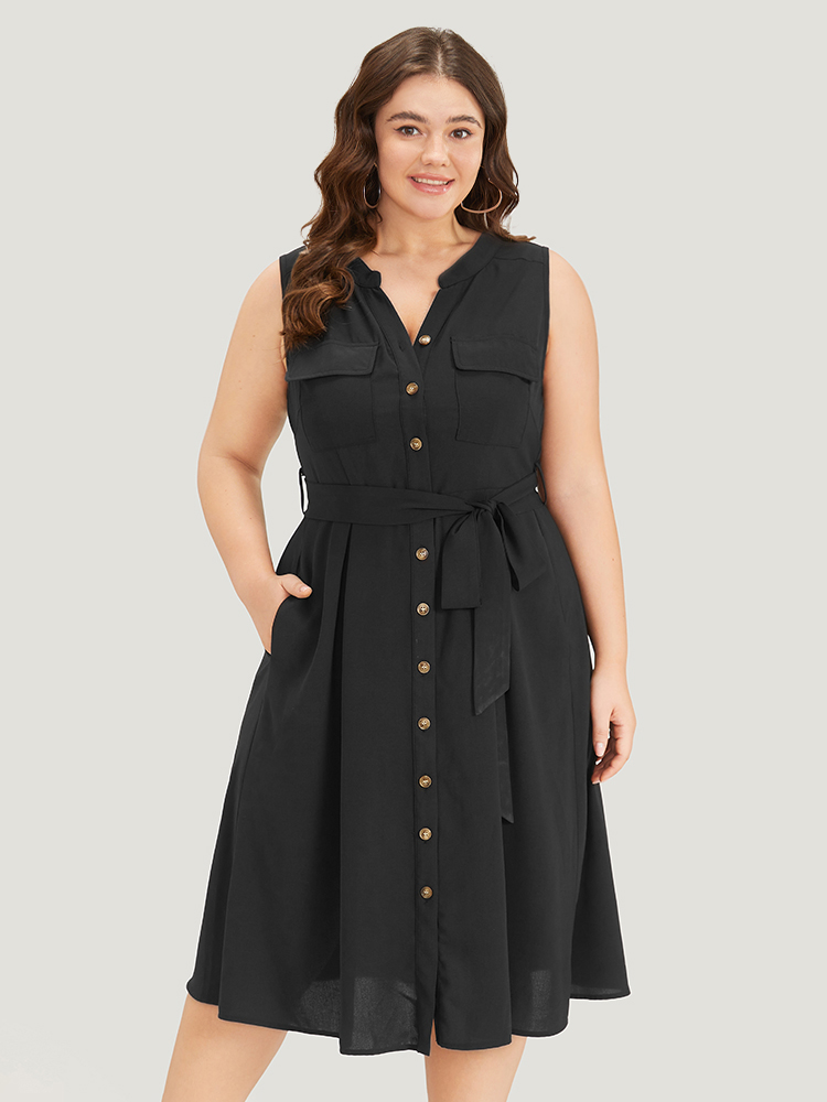 

Plus Size Plain Stand Collar Button Through Pocket Belted Dress Black Women Elegant Belted Shirt collar Sleeveless Curvy Midi Dress BloomChic