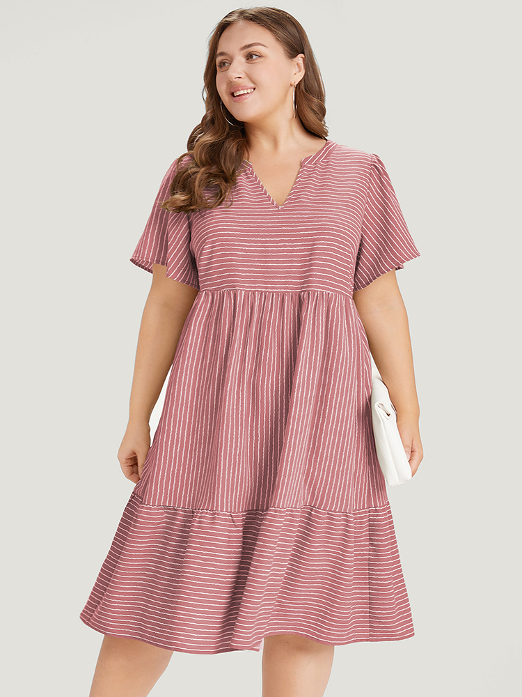 

Plus Size Striped Patchwork Notched Flutter Layered Babydoll Dress Pink Women Office Gathered Notched collar Short sleeve Curvy Midi Dress BloomChic