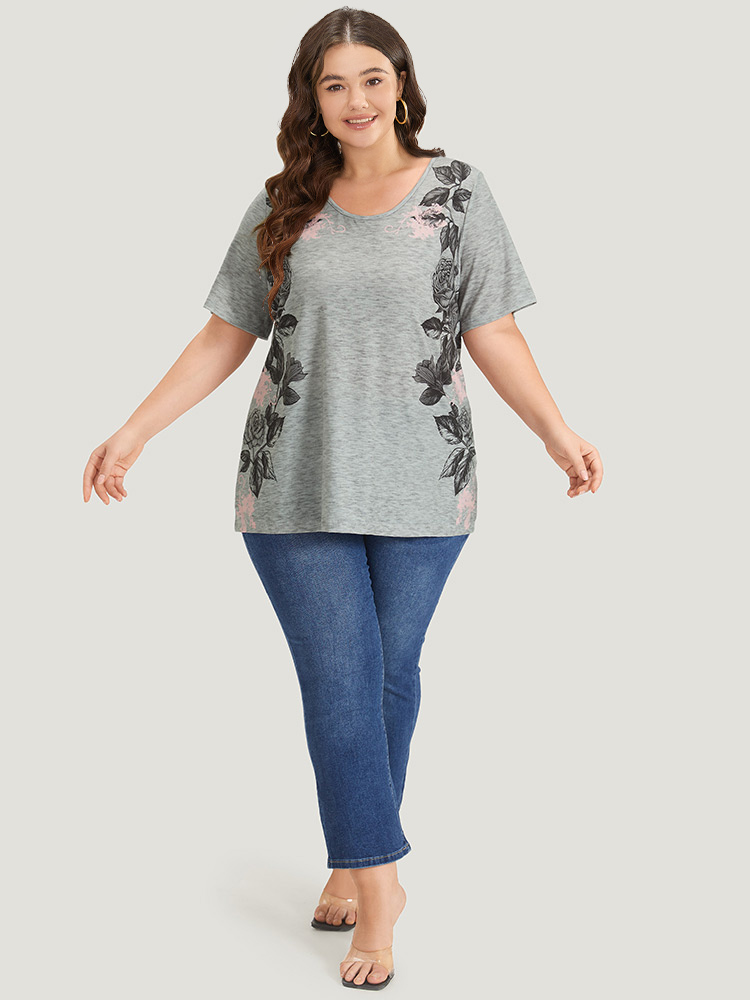 

Plus Size Floral Print Contrast Crew Neck T-shirt Gray Women Elegant Printed Floral Round Neck Dailywear T-shirts BloomChic