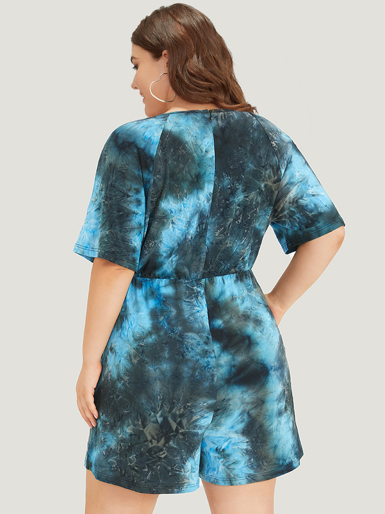 Plus Size Multicolor Tie Dye Button Up Ties Raglan Sleeve Jumpsuit Women Casual Short sleeve Round Neck Dailywear Loose Jumpsuits BloomChic 26/4X 