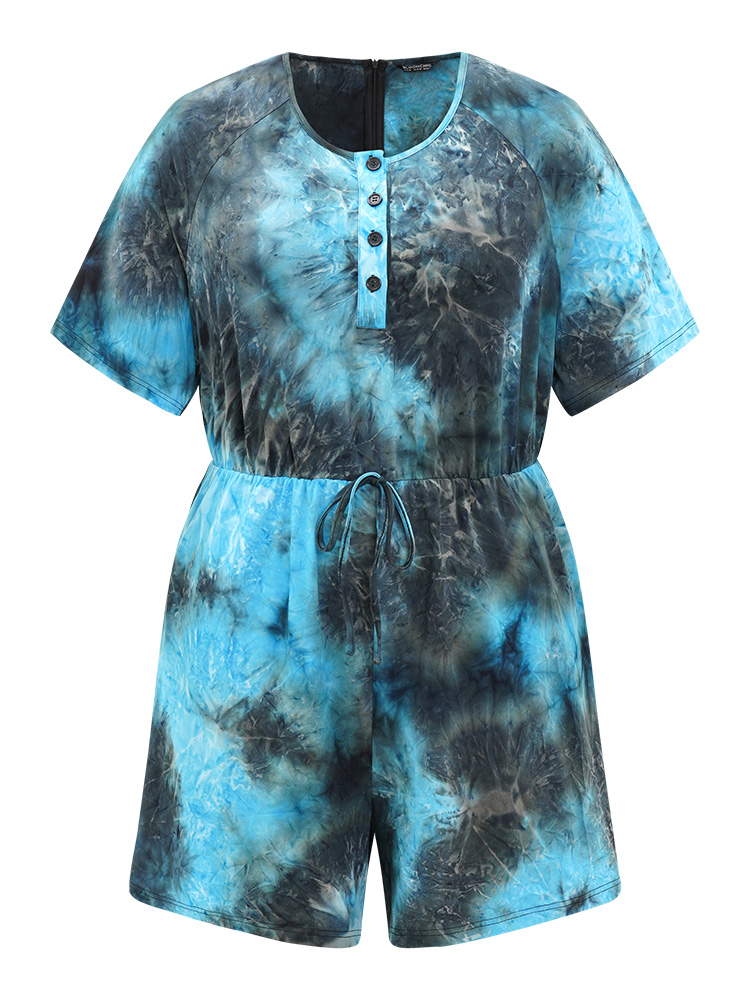 Plus Size Multicolor Tie Dye Button Up Ties Raglan Sleeve Jumpsuit Women Casual Short sleeve Round Neck Dailywear Loose Jumpsuits BloomChic 26/4X 