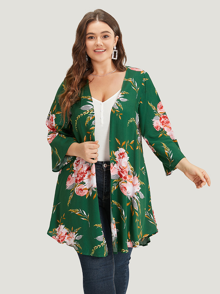 

Plus Size Floral Print Open Front Asymmetrical Hem Kimono Women DarkGreen Casual Asymmetrical Loose Dailywear Kimonos BloomChic