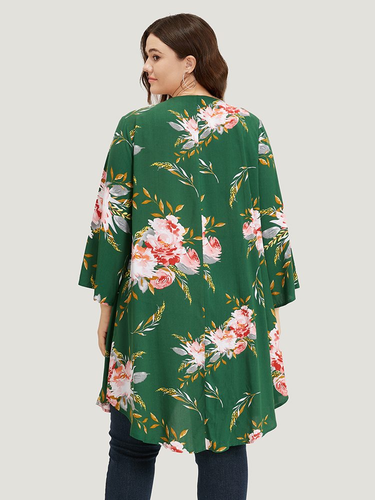 

Plus Size Floral Print Open Front Asymmetrical Hem Kimono Women DarkGreen Casual Asymmetrical Loose Dailywear Kimonos BloomChic