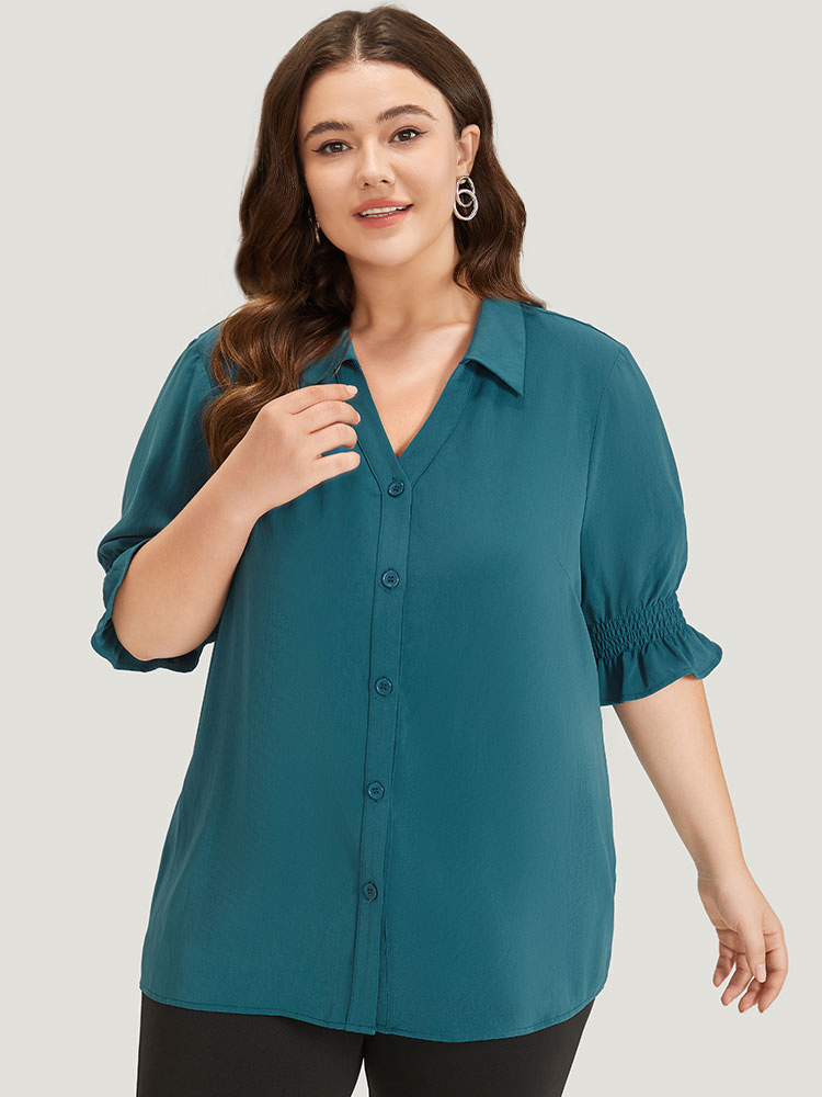 

Plus Size Cyan Plain Shirt Collar Shirred Button Up Ruffled Trim Blouse Women Office Short sleeve Shirt collar Work Blouses BloomChic