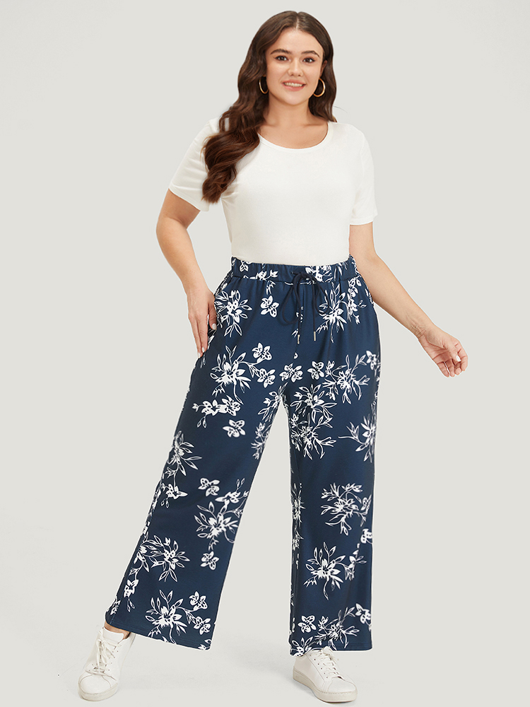 

Silhouette Floral Print Drawstring Pocket Sweatpants Indigo Plus Size Women Casual Everyday Elastic Waist  Bloomchic