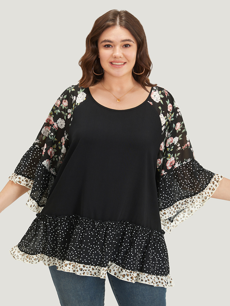 

Plus Size Multicolor Floral & Polka Dot Flutter Trim Patchwork Blouse Women Elegant Half Sleeve Round Neck Dailywear Blouses BloomChic