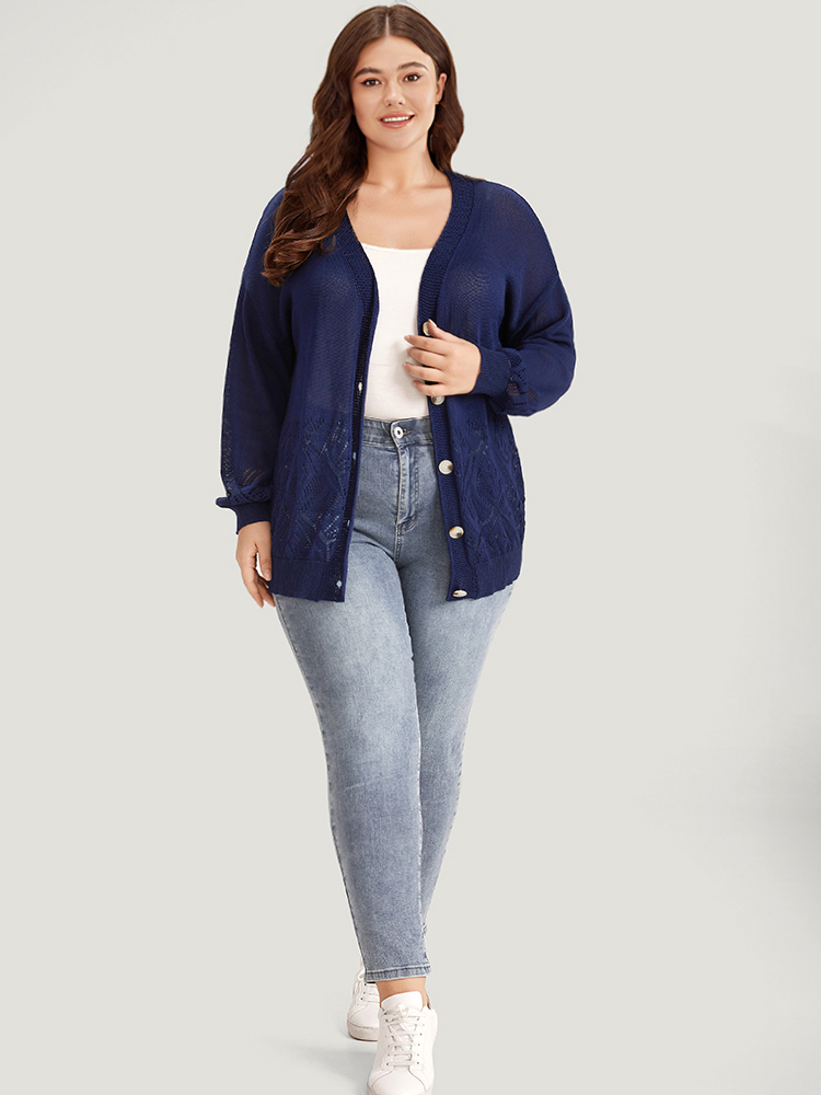 

Plus Size Geometric Eyelet Button Through Elastic Cuffs Cardigan Navy Women Casual Loose Long Sleeve Everyday Cardigans BloomChic