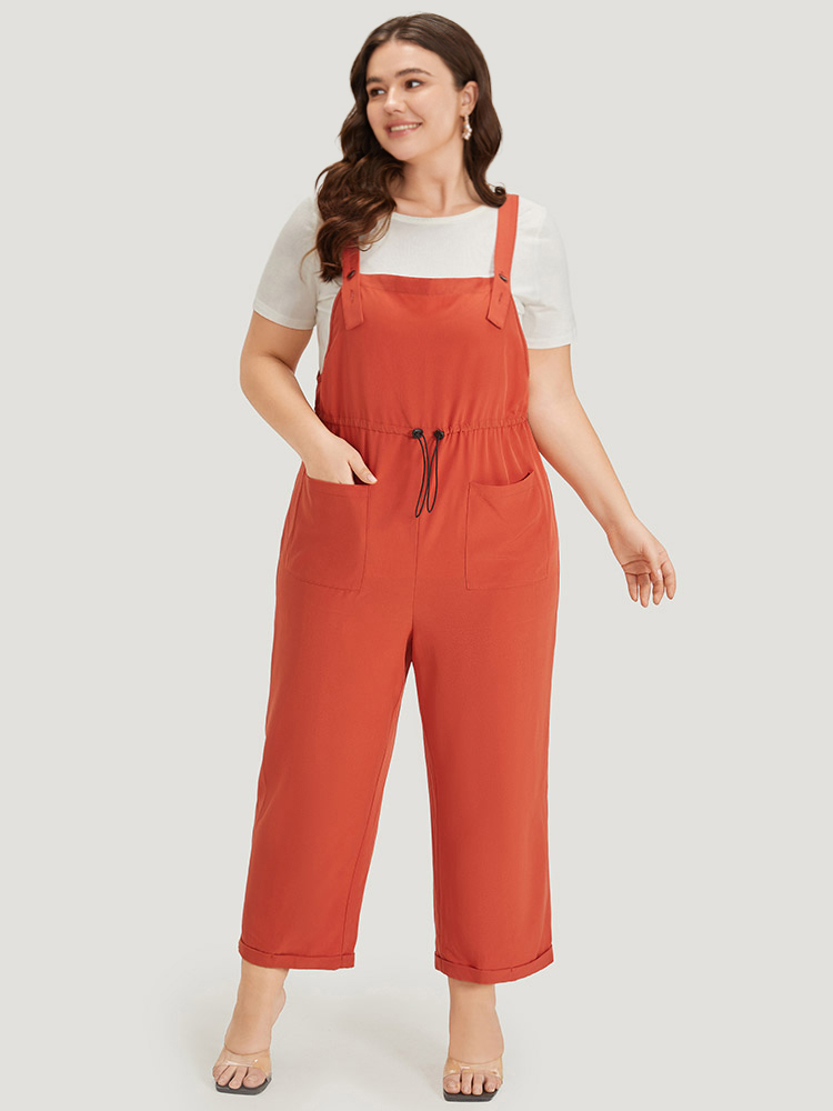 

Plus Size OrangeRed Plain Button Up Pocket Roll Hem Drawstring Jumpsuit Women Elegant Sleeveless Spaghetti Strap Dailywear Loose Jumpsuits BloomChic