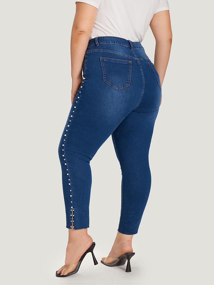 Plus Size Women Everyday Plain High stretch Regular Medium Wash Elegant Jeans BloomChic 