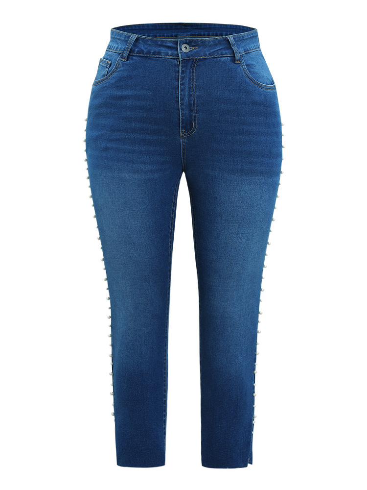 Plus Size Women Everyday Plain High stretch Regular Medium Wash Elegant Jeans BloomChic 