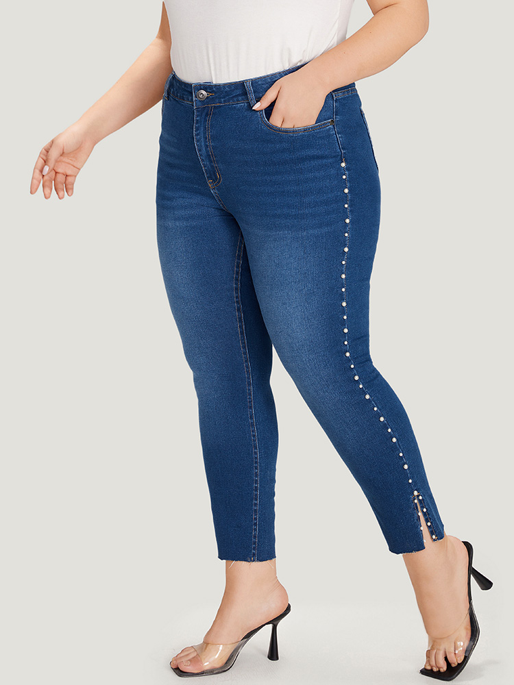 Plus Size Women Everyday Plain High stretch Regular Medium Wash Elegant Jeans BloomChic 